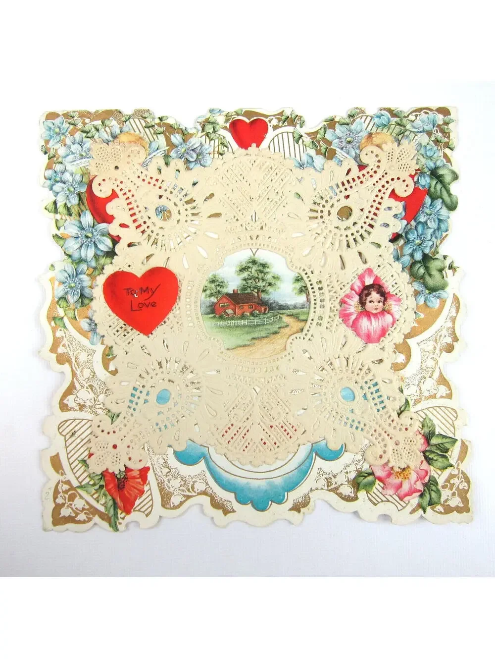 Antique Valentine Die cut Farm House Trees Flowers Gold Embossed Boy Girl Canoe